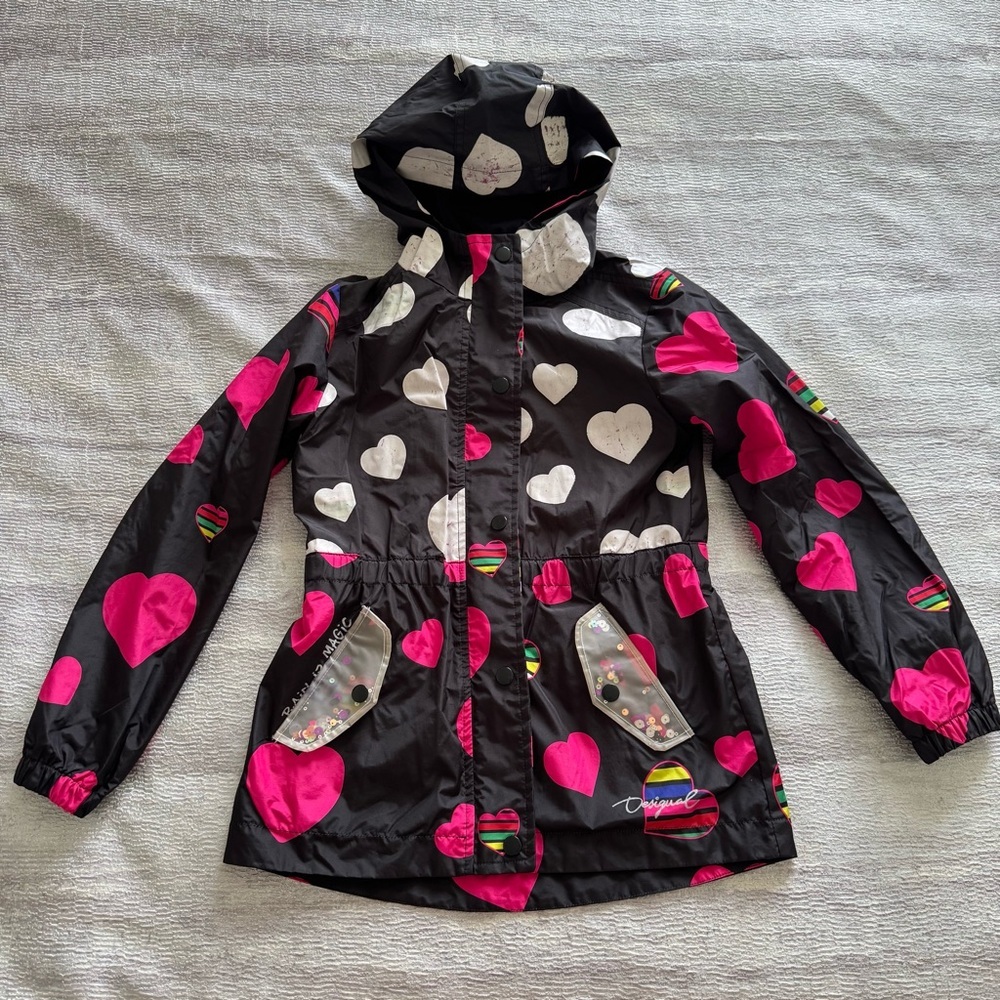 Desigual Kids Heart Raincoat - Black and Pink, Size 9/10